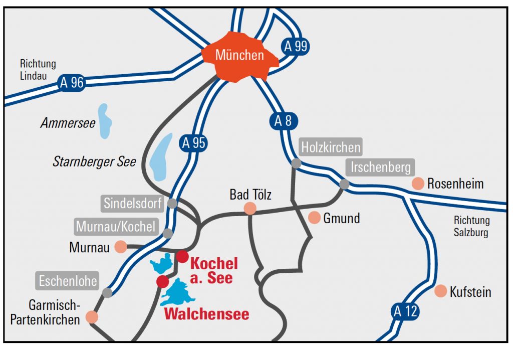 Die Lage des Walchensees südlich von München in der ersten Gebirgsreihe